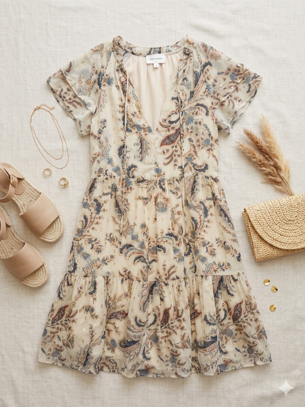 Lavender Brown Cream Paisley Mini Dress with Blue & Brown Accents